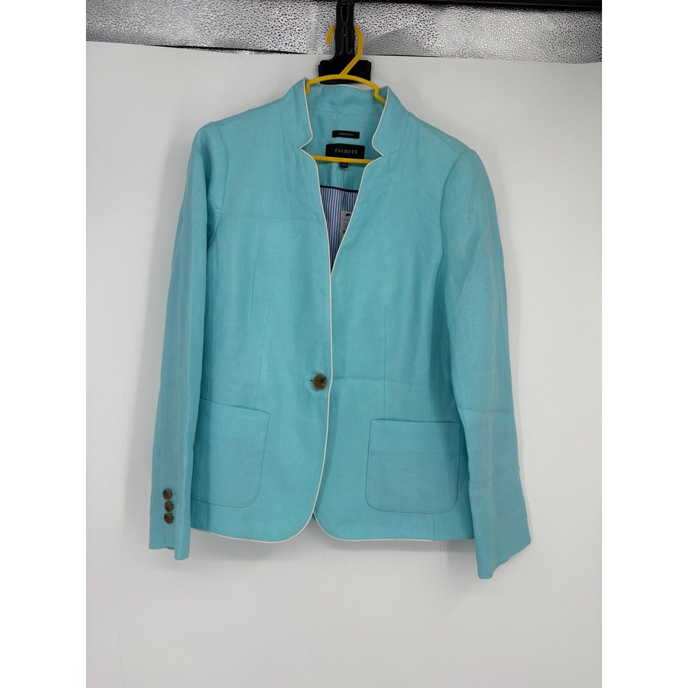 Talbots Blazer Womens 4 Turquoise Aberdeen Linen Stand Collar Contrast Piping